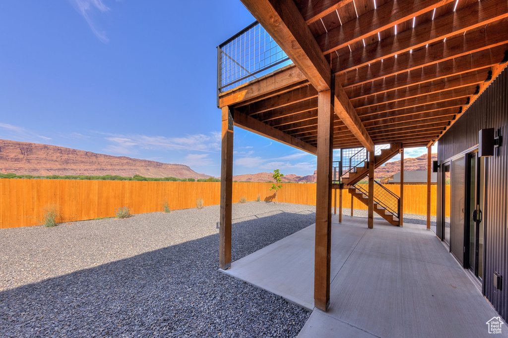 View of patio / terrace with a mountain view