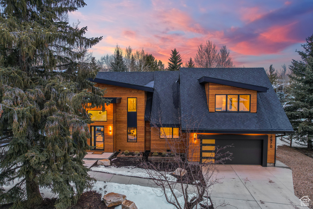 Modern home featuring a garage