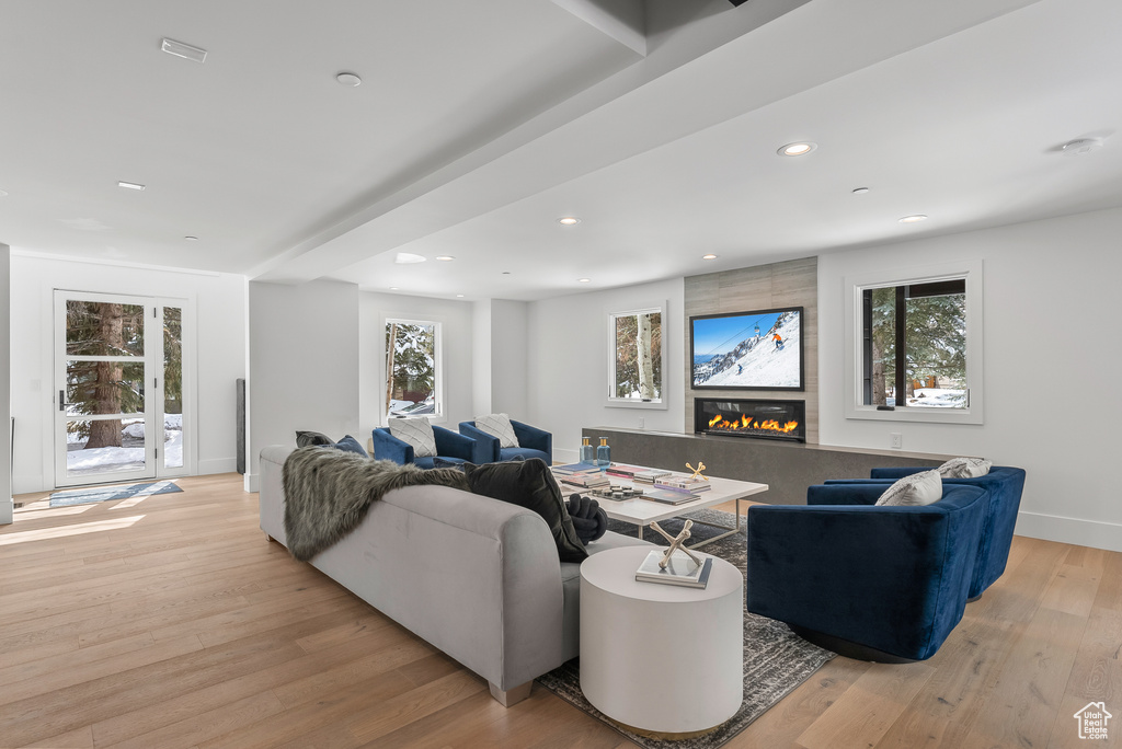 Living room with a fireplace and light hardwood / wood-style flooring