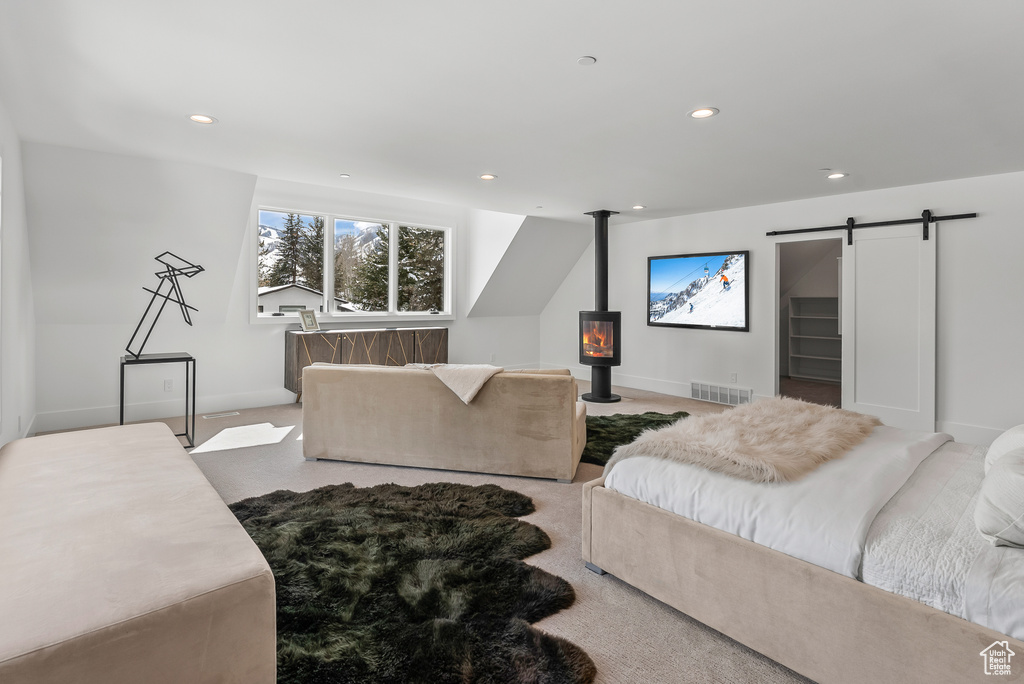 Carpeted living room with a barn door and a wood stove