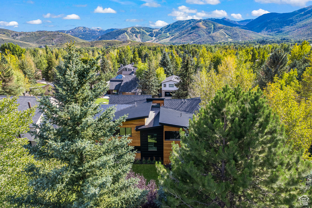 Aerial view featuring a mountain view