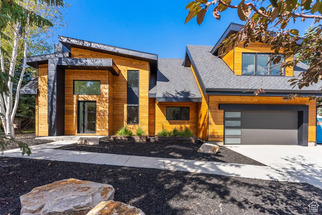 Modern home featuring a garage