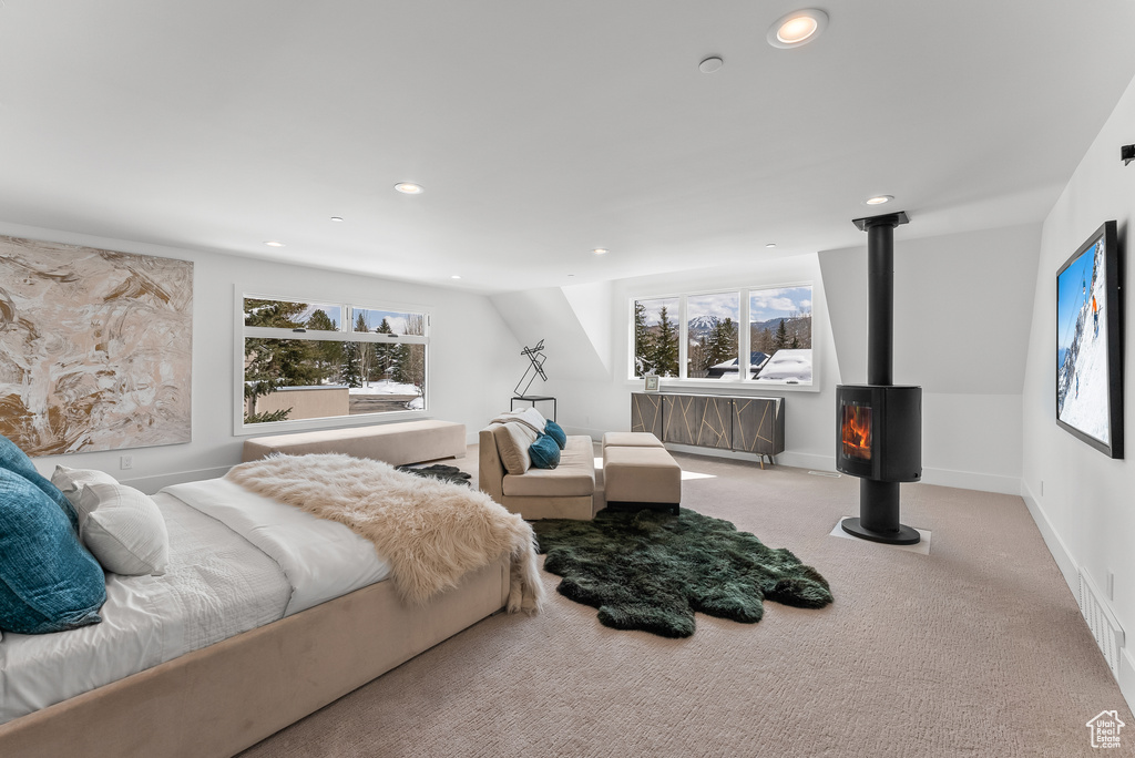 Carpeted bedroom featuring a wood stove and multiple windows