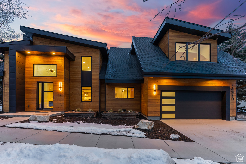 Modern home featuring a garage