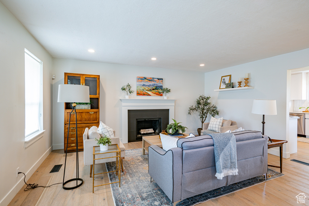 Living room with light wood-type flooring