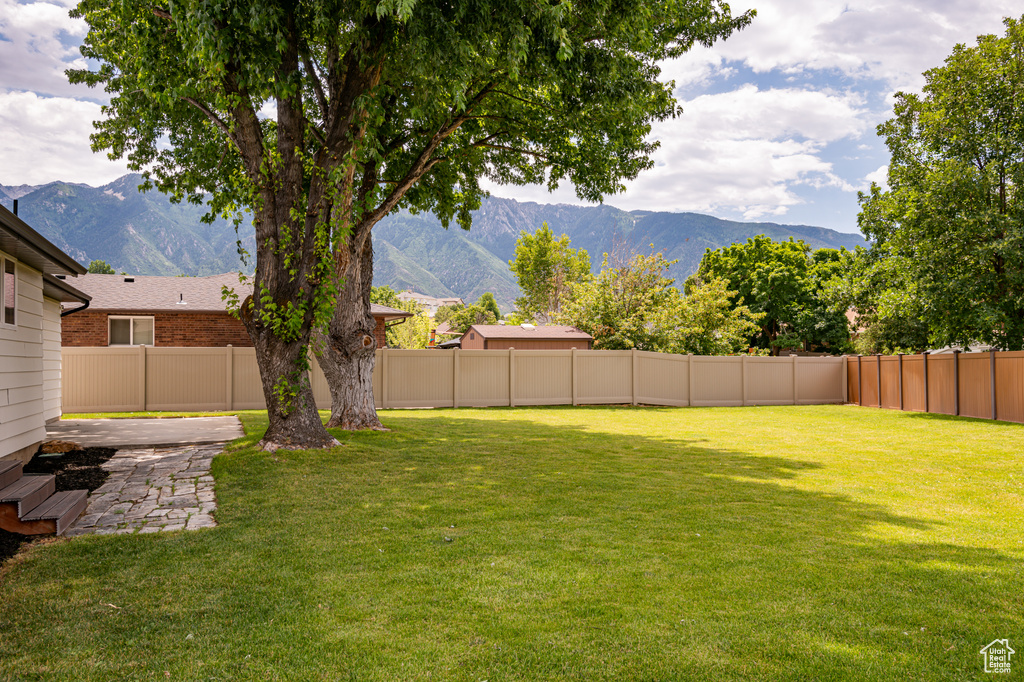 View of yard with a mountain view and a patio