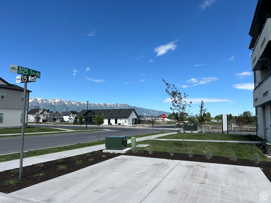 Exterior space featuring a mountain view