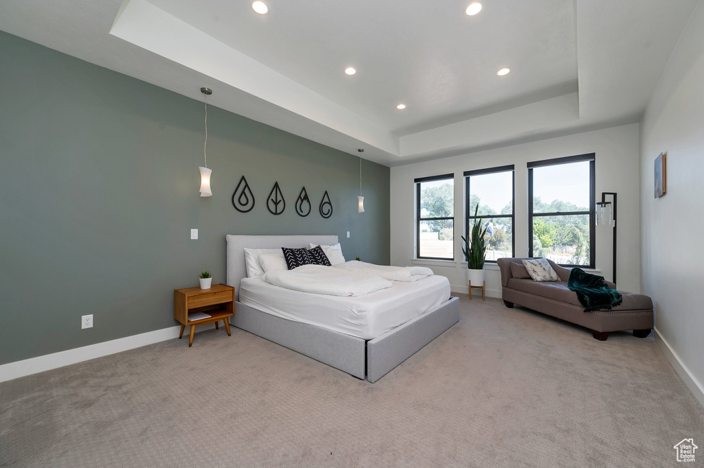 Bedroom featuring a raised ceiling and carpet