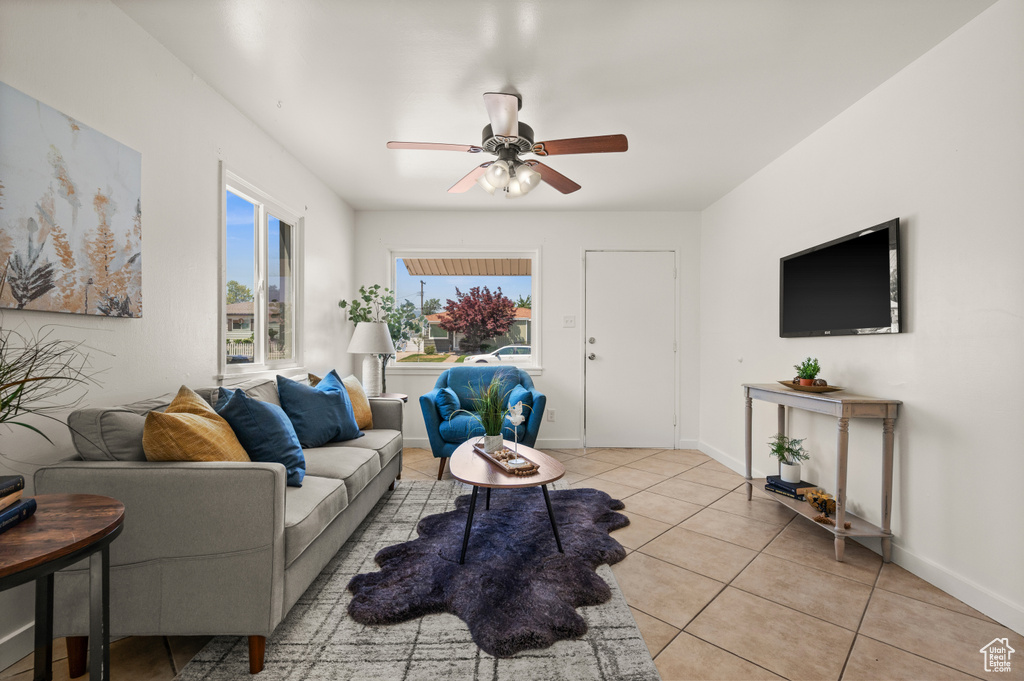 Tiled living room with ceiling fan