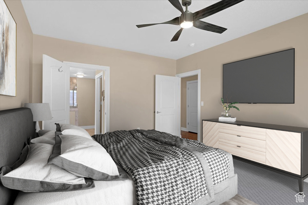 Bedroom featuring carpet floors and ceiling fan