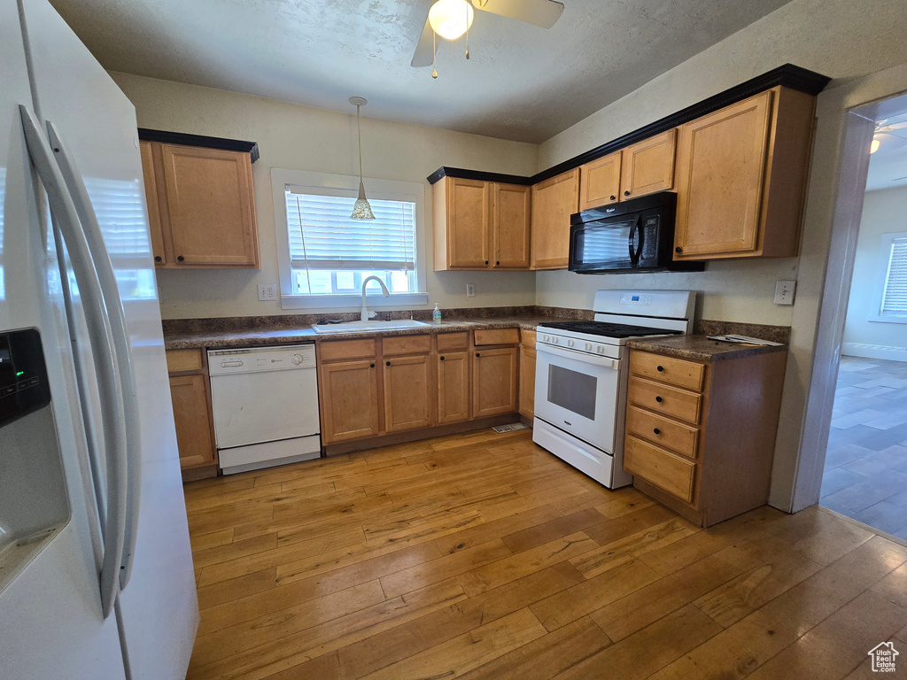 Kitchen featuring ceiling fan, hanging light fixtures, hardwood / wood-style floors, white appliances, and sink