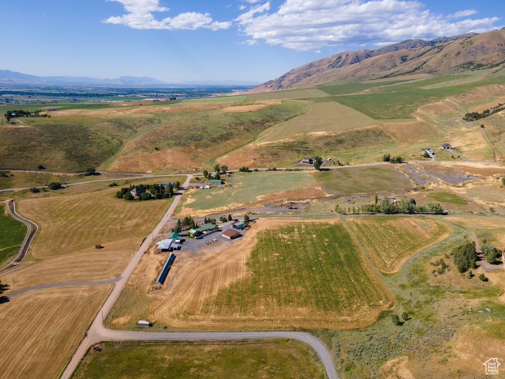 Drone / aerial view featuring a mountain view and a rural view