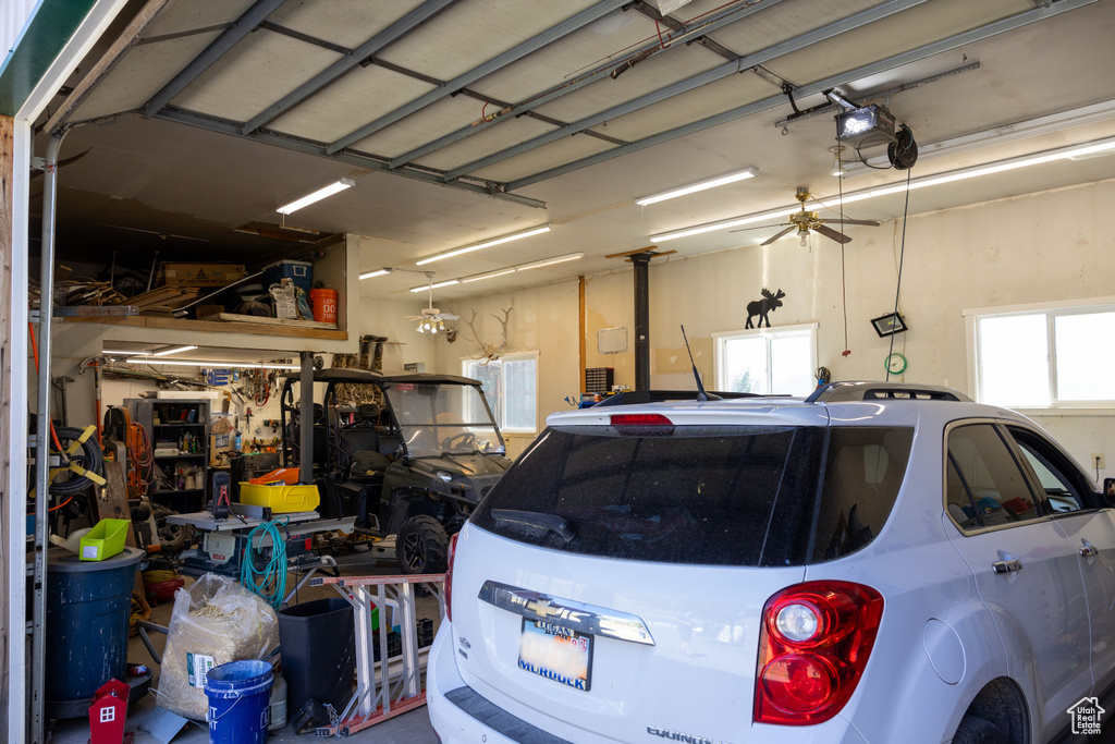 Garage featuring ceiling fan