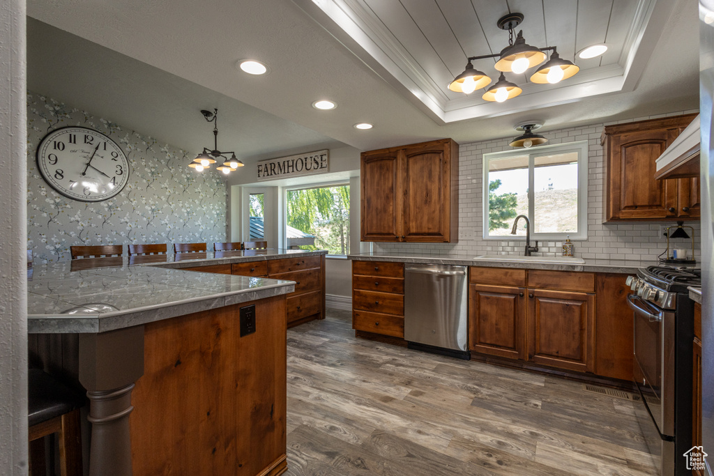 Kitchen with gas range, decorative light fixtures, hardwood / wood-style floors, dishwasher, and a wealth of natural light