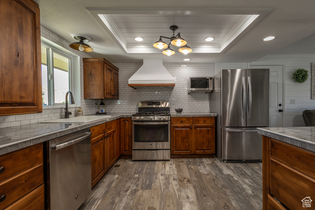 Kitchen with appliances with stainless steel finishes, sink, backsplash, custom exhaust hood, and dark wood-type flooring