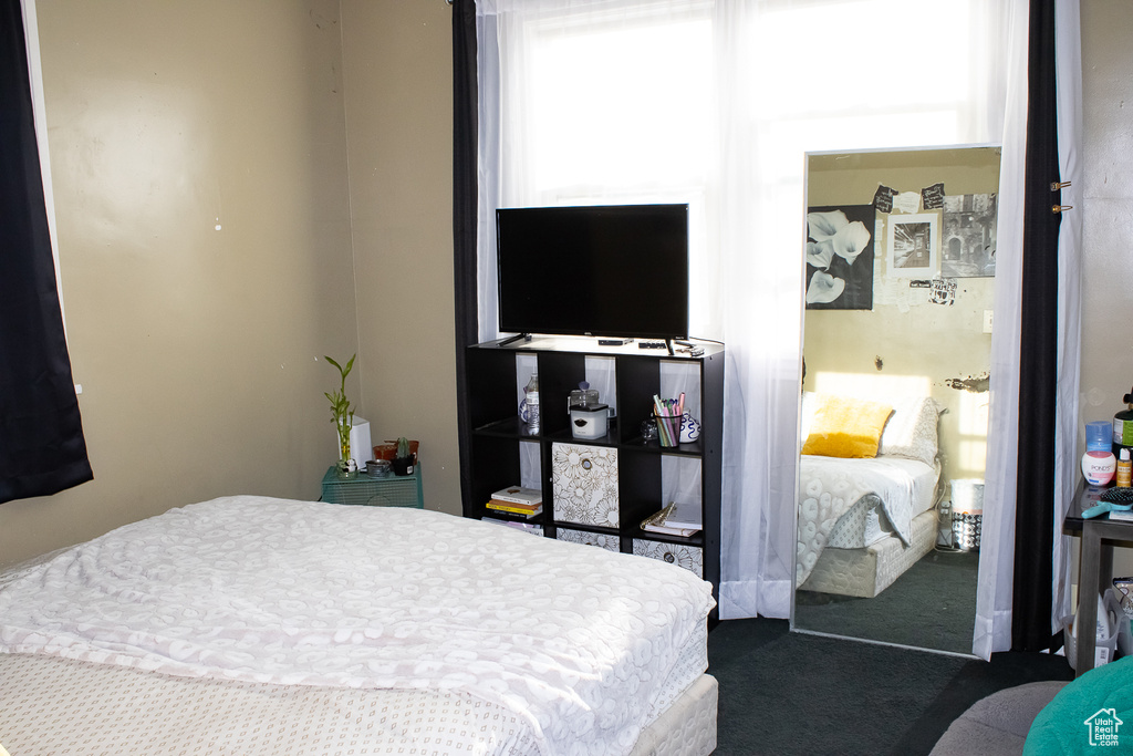 Bedroom with dark colored carpet