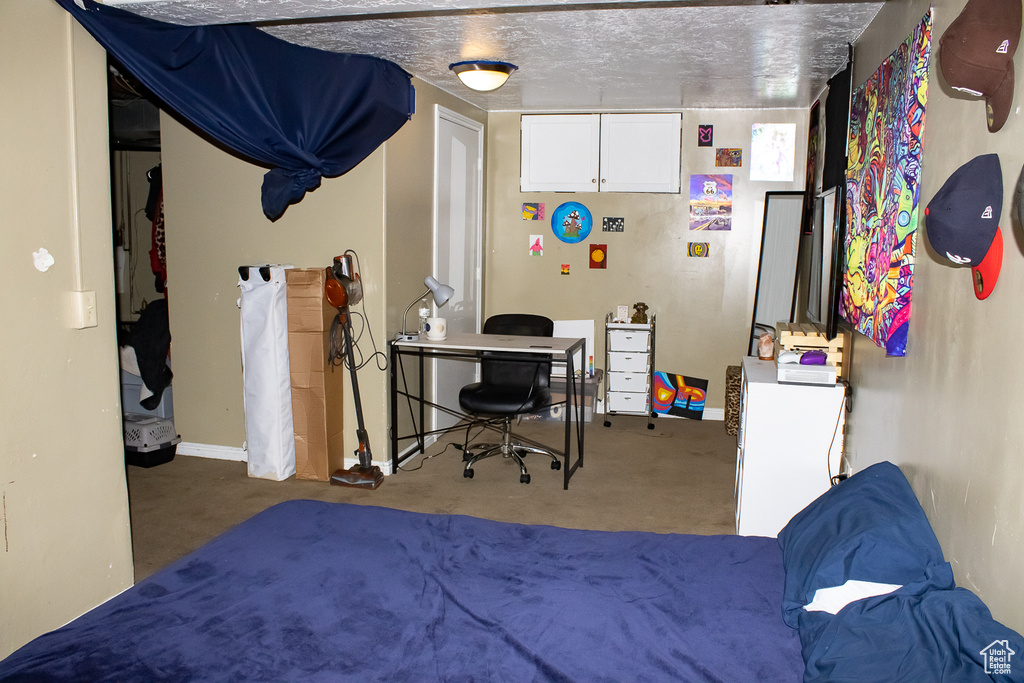 Carpeted bedroom featuring a textured ceiling