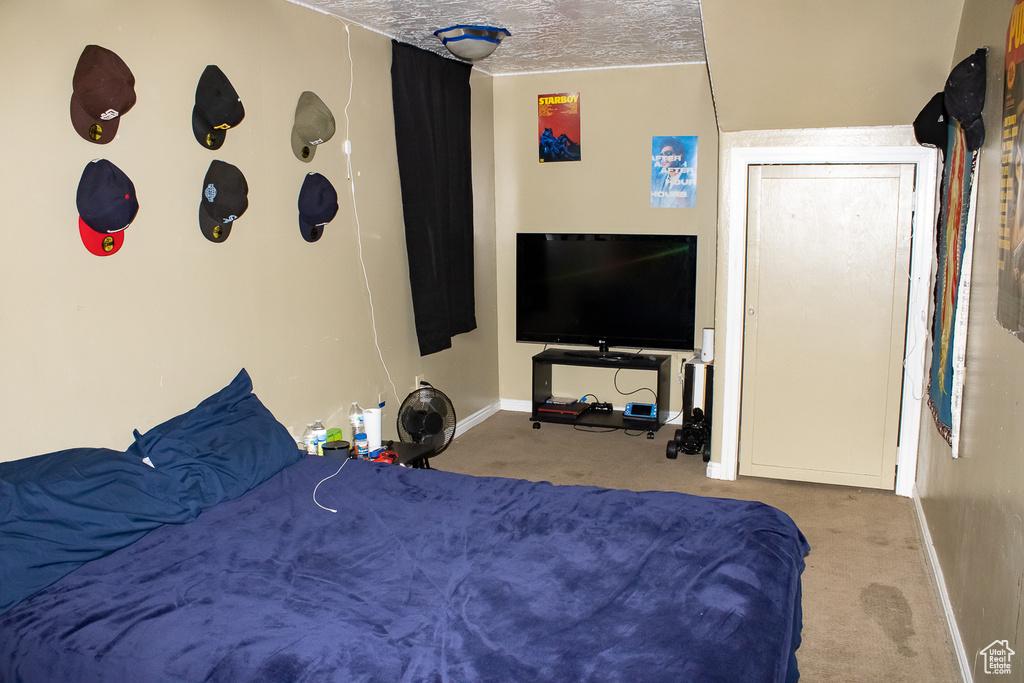 Carpeted bedroom featuring a textured ceiling