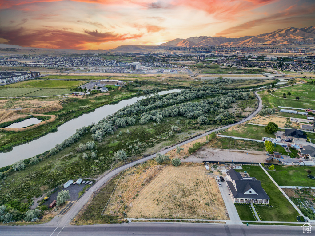 Aerial view at dusk with a mountain view