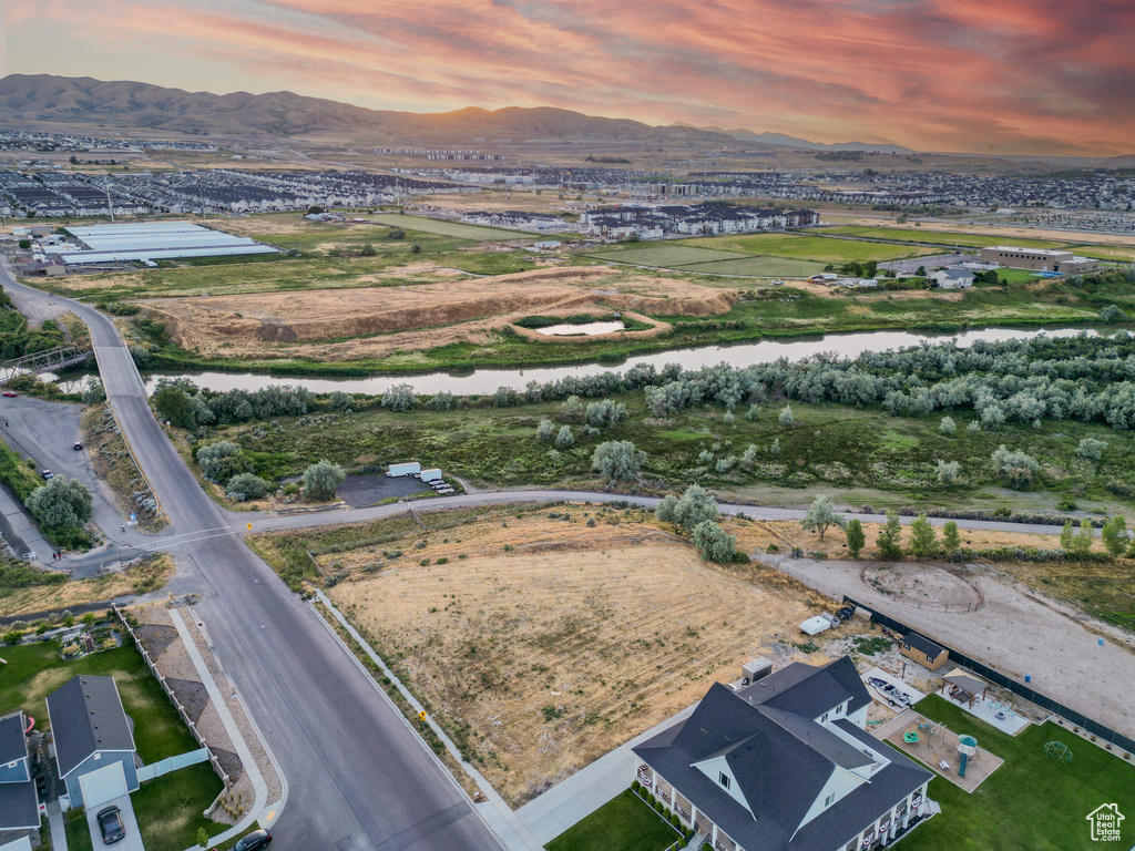 Aerial view at dusk with a mountain view