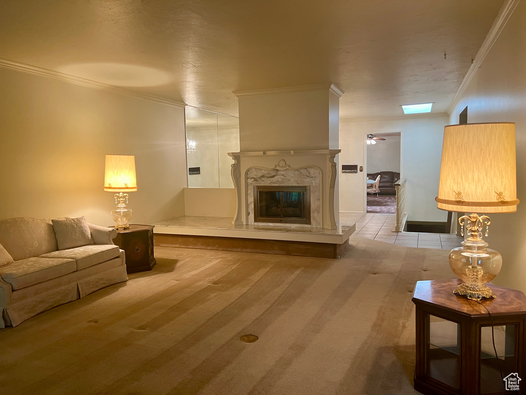 Living room featuring a skylight, a fireplace, and ornamental molding