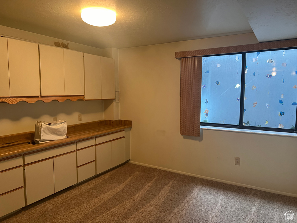 Kitchen with white cabinetry and carpet flooring