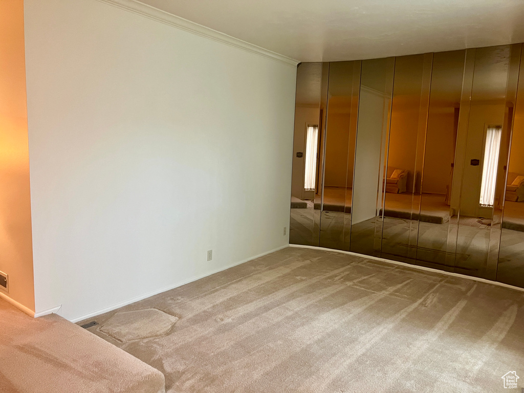 Carpeted spare room with crown molding