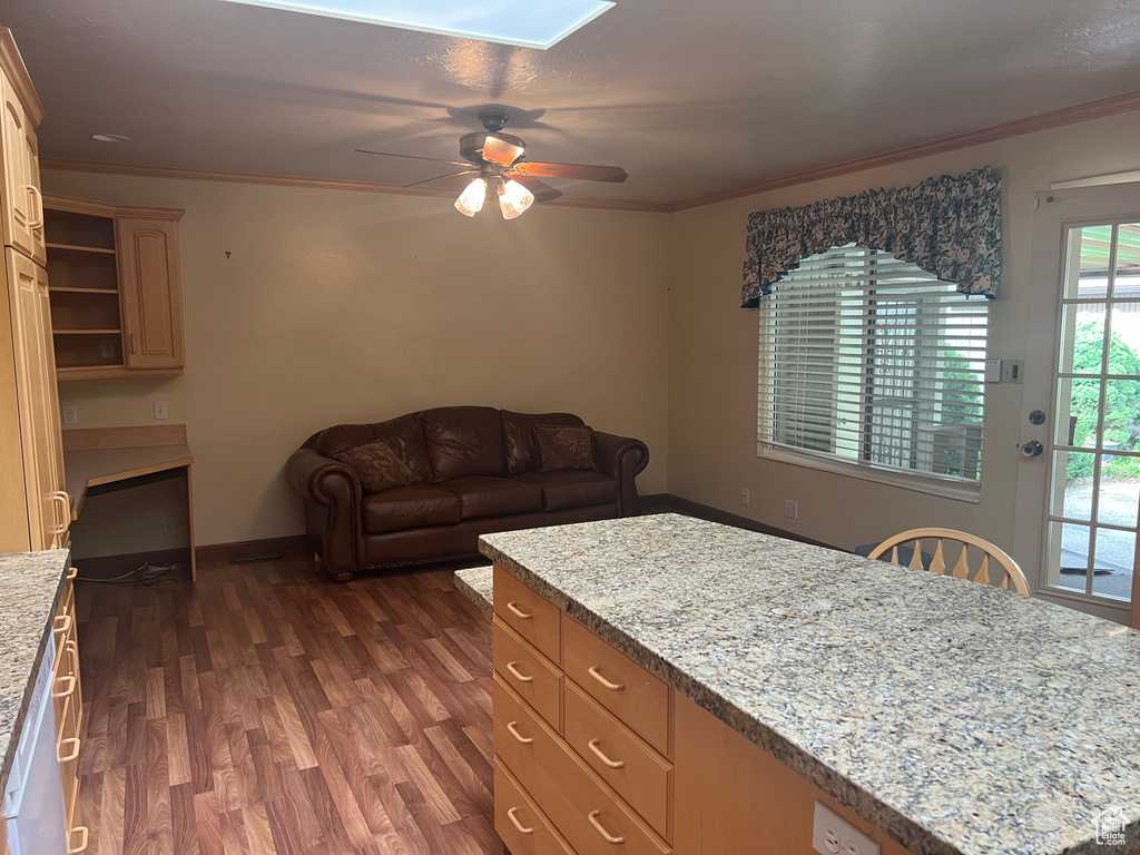 Kitchen featuring light stone counters, dark hardwood / wood-style floors, ceiling fan, and ornamental molding