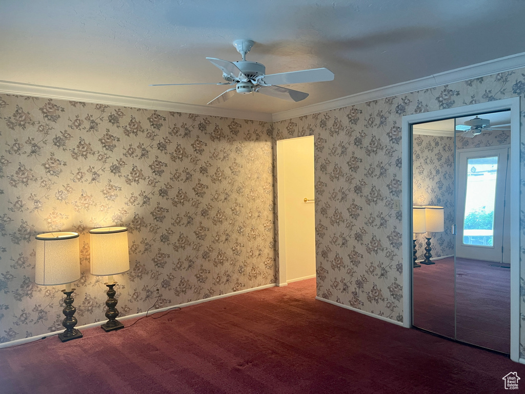 Spare room featuring ornamental molding, carpet floors, and ceiling fan