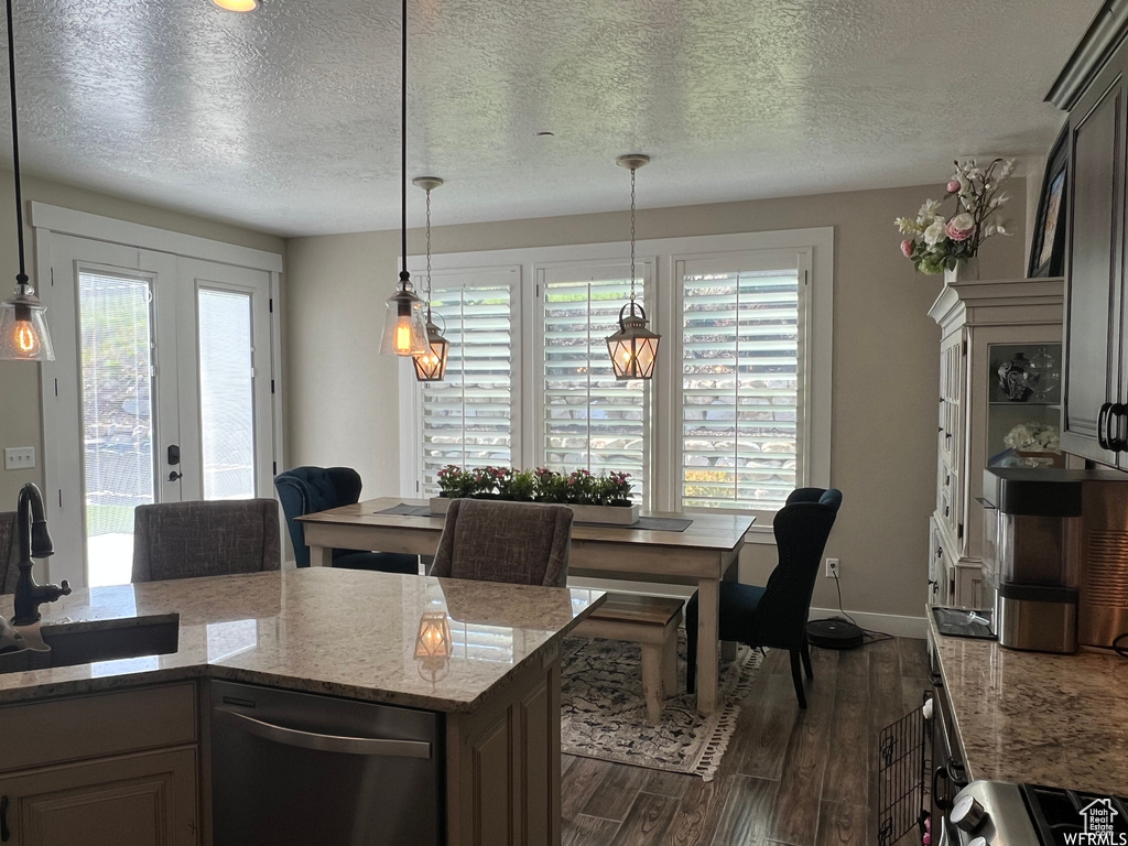 Kitchen featuring stainless steel dishwasher, sink, dark hardwood / wood-style floors, and a healthy amount of sunlight