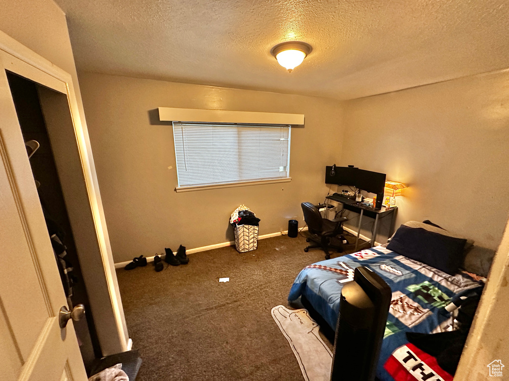 Carpeted bedroom featuring a textured ceiling