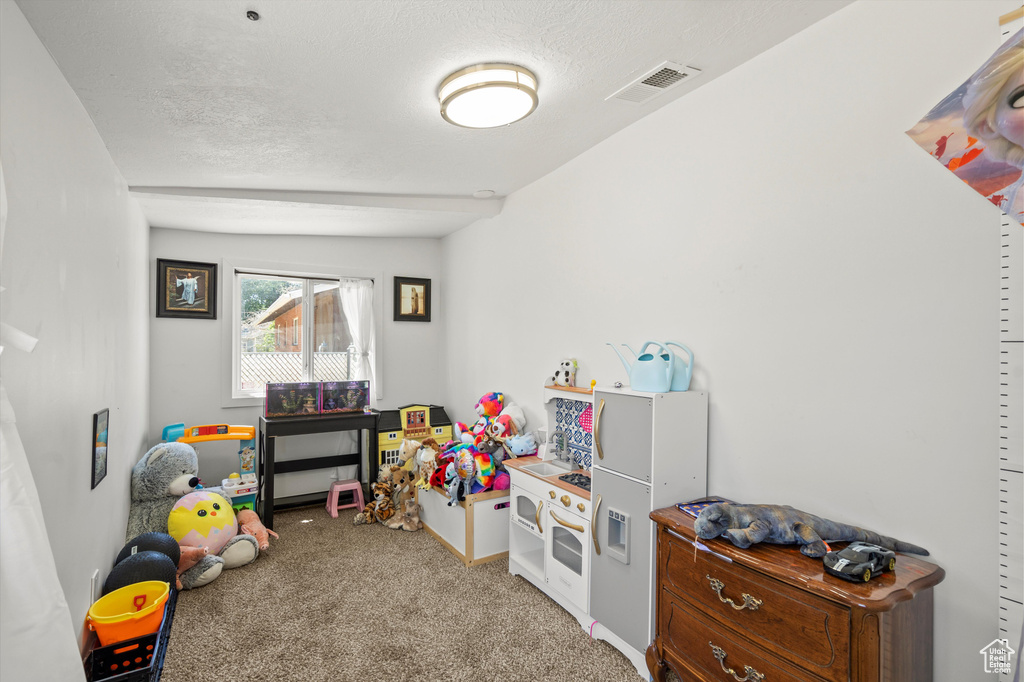 Game room featuring light carpet, a textured ceiling, and vaulted ceiling