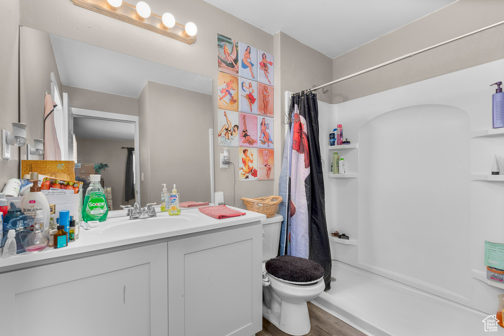 Bathroom with wood-type flooring, toilet, and vanity