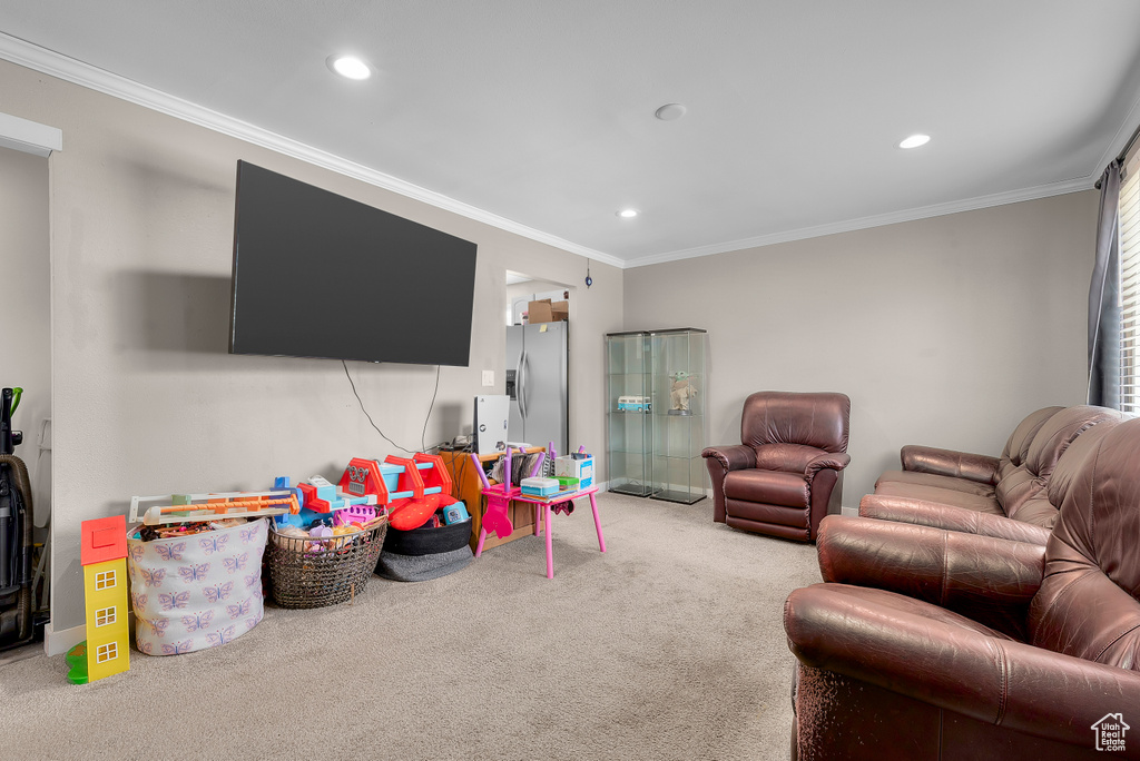 Recreation room featuring carpet floors and crown molding