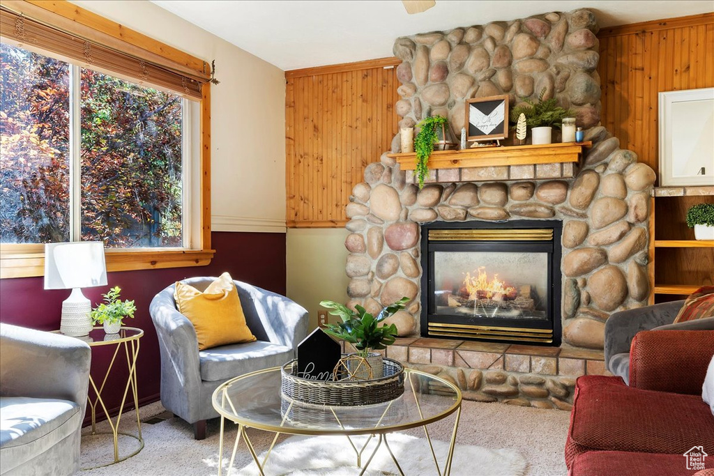 Carpeted living room with a fireplace and wooden walls