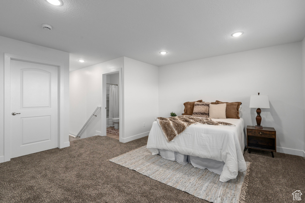 Carpeted bedroom featuring connected bathroom