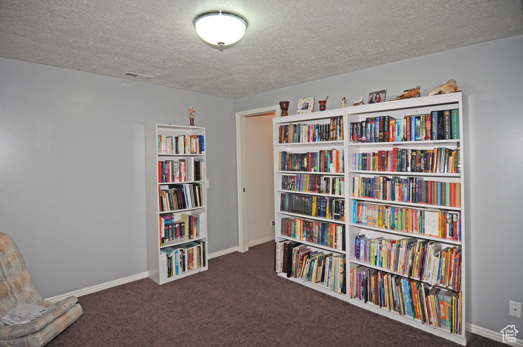 Living area with dark carpet and a textured ceiling