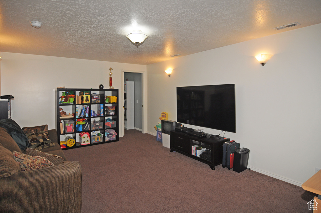 Living room featuring dark carpet and a textured ceiling