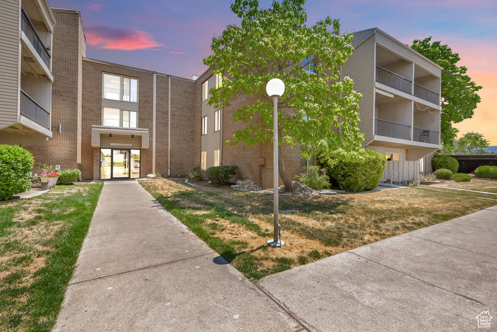 View of outdoor building at dusk