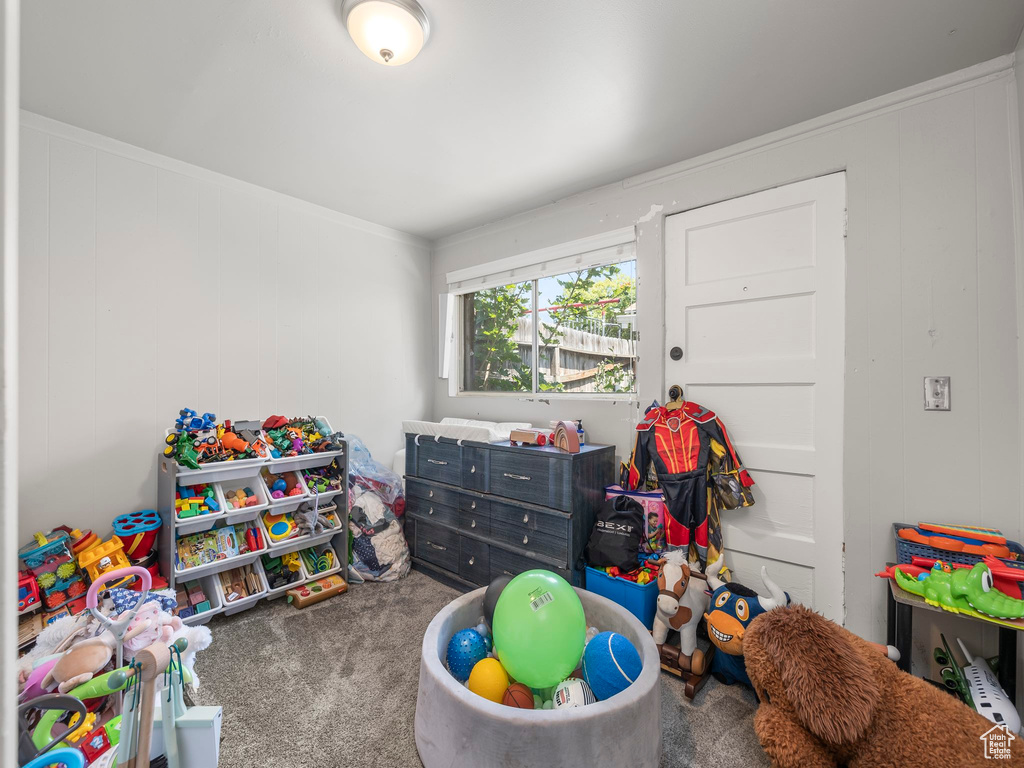 Game room with carpet flooring