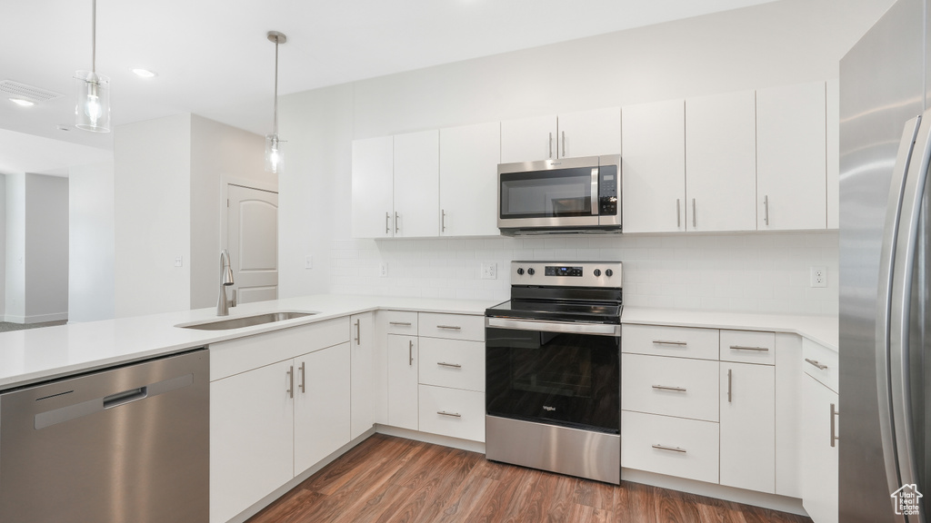 Kitchen featuring sink, decorative backsplash, appliances with stainless steel finishes, and dark hardwood / wood-style floors