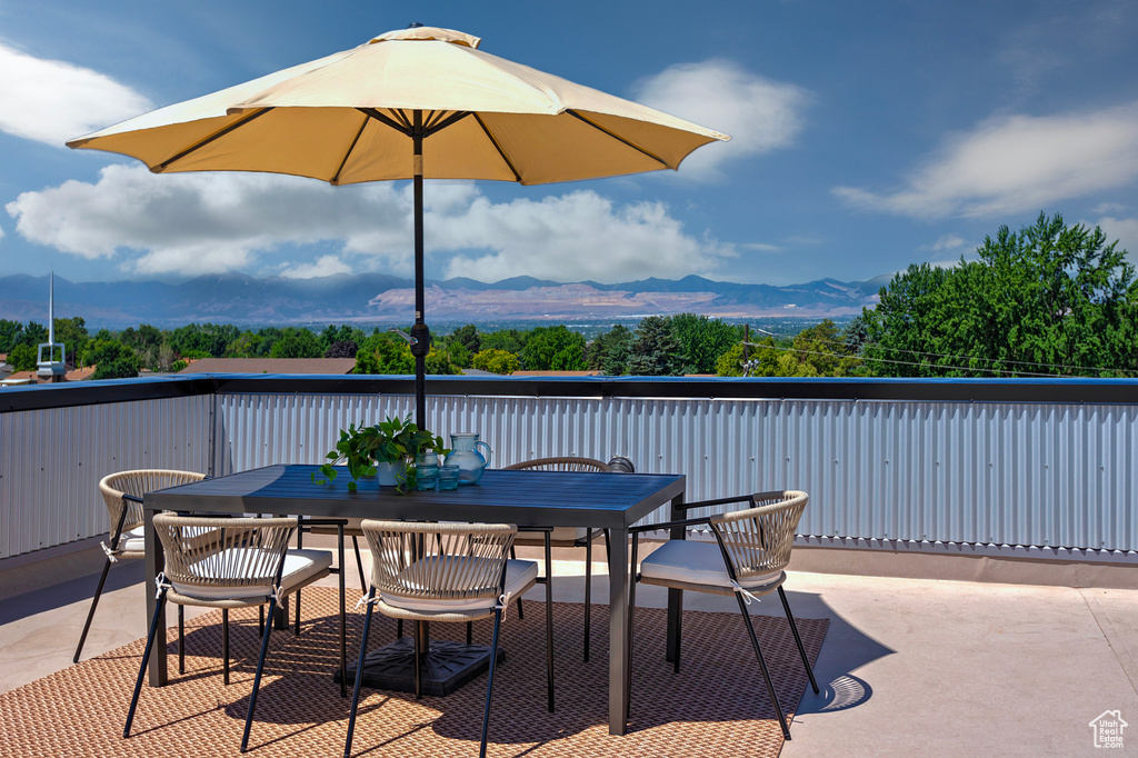 View of patio with a mountain view