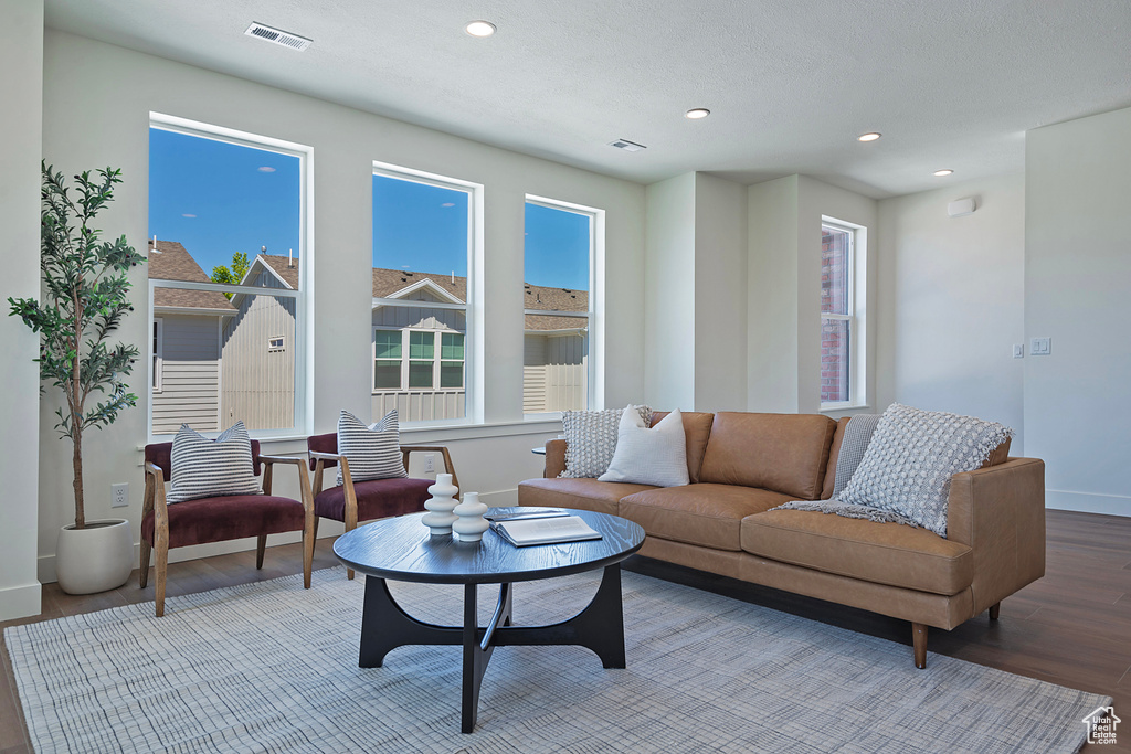 Living room with wood-type flooring and a wealth of natural light