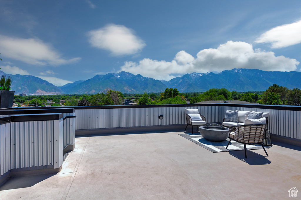 View of patio with a mountain view