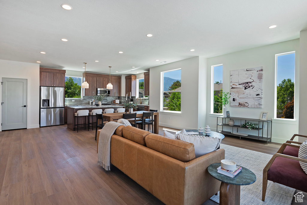 Living room featuring dark hardwood / wood-style flooring