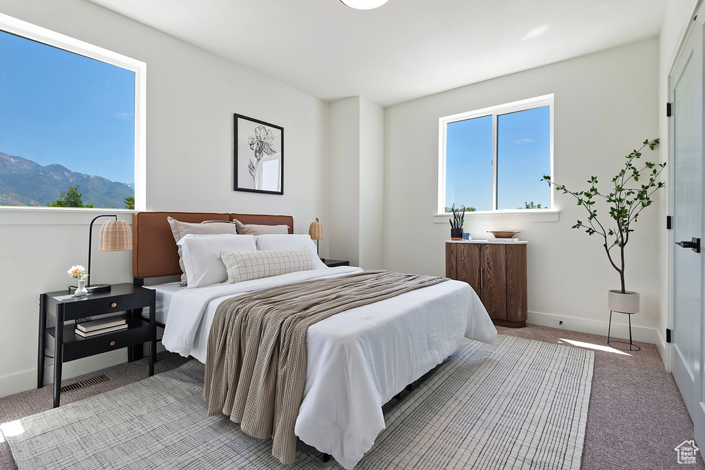 Carpeted bedroom featuring a mountain view