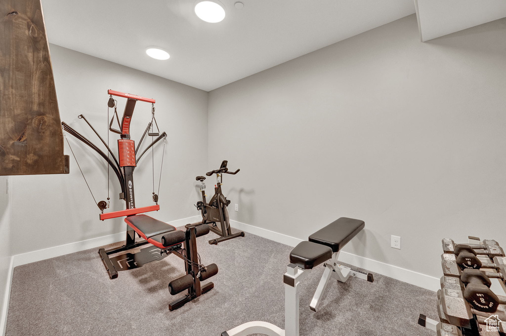 Workout area featuring carpet floors