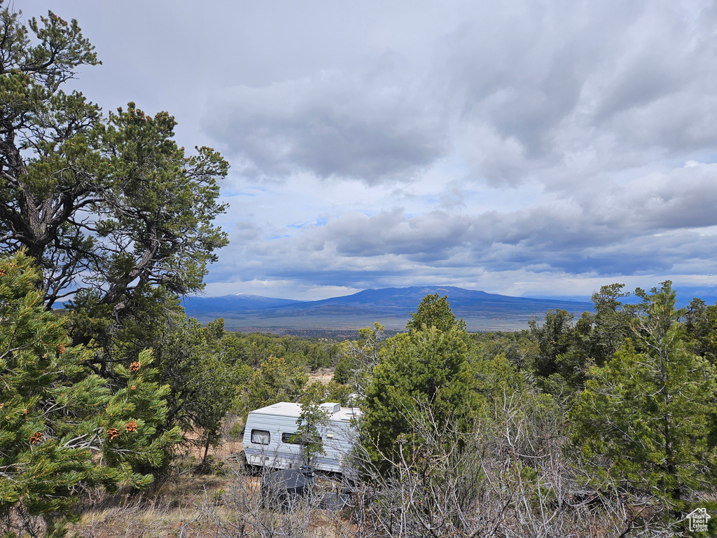 Property view of mountains featuring a wooded view