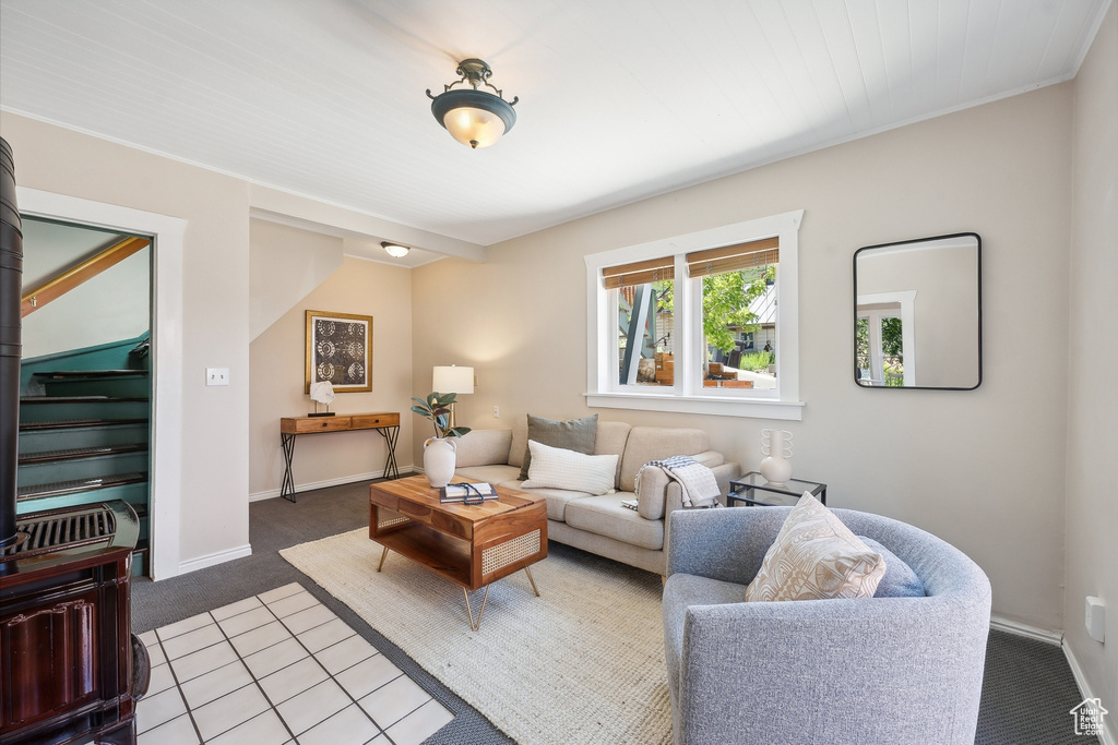 Living room with light carpet