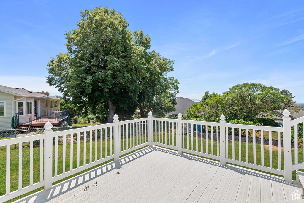 Wooden deck featuring a yard